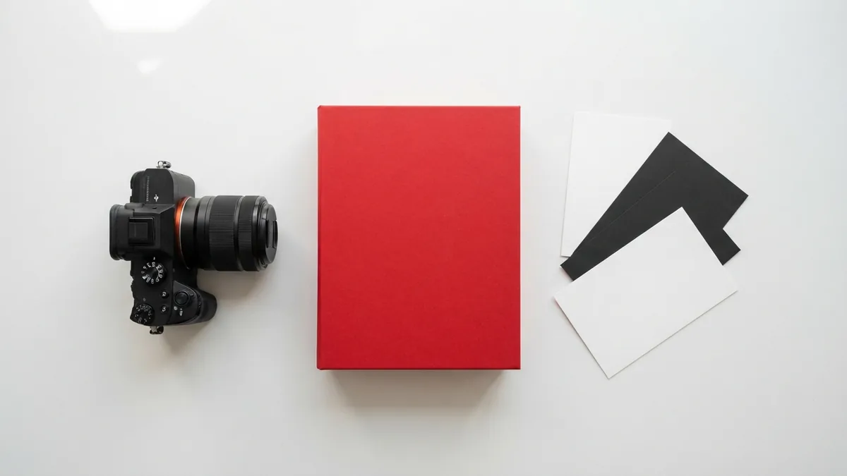 Camera and crimson storage box arranged with blank visual format samples