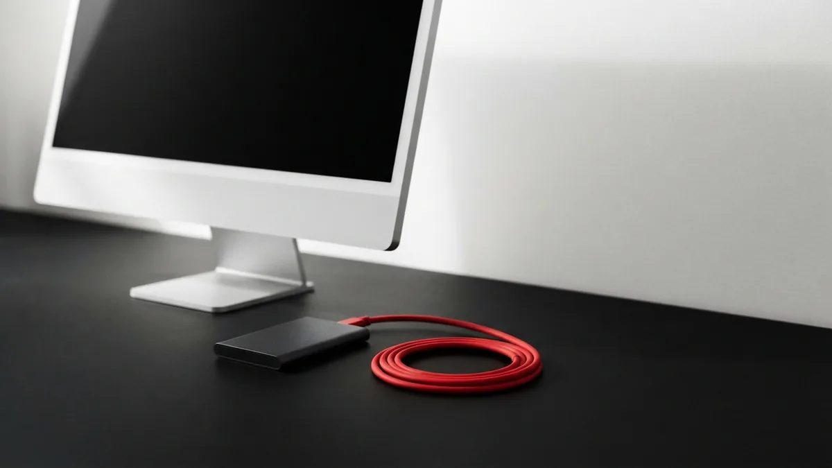 Black external drive and crimson cable on a clean white desk