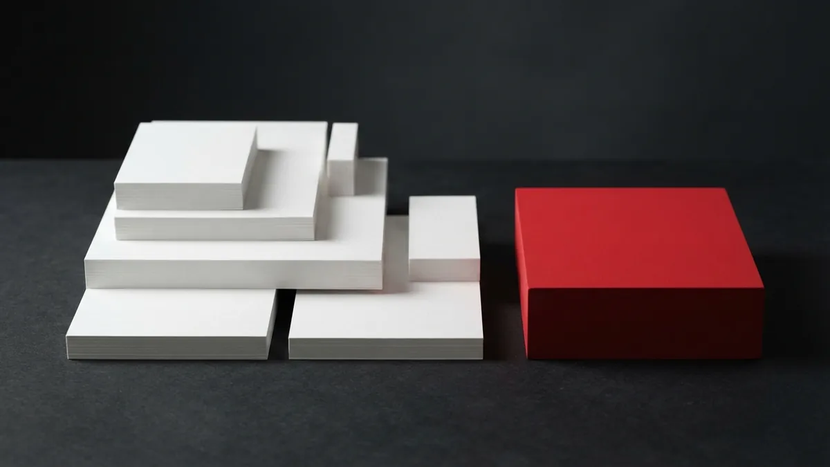 White and graphite page blocks arranged beside a vivid red shape to suggest page layout