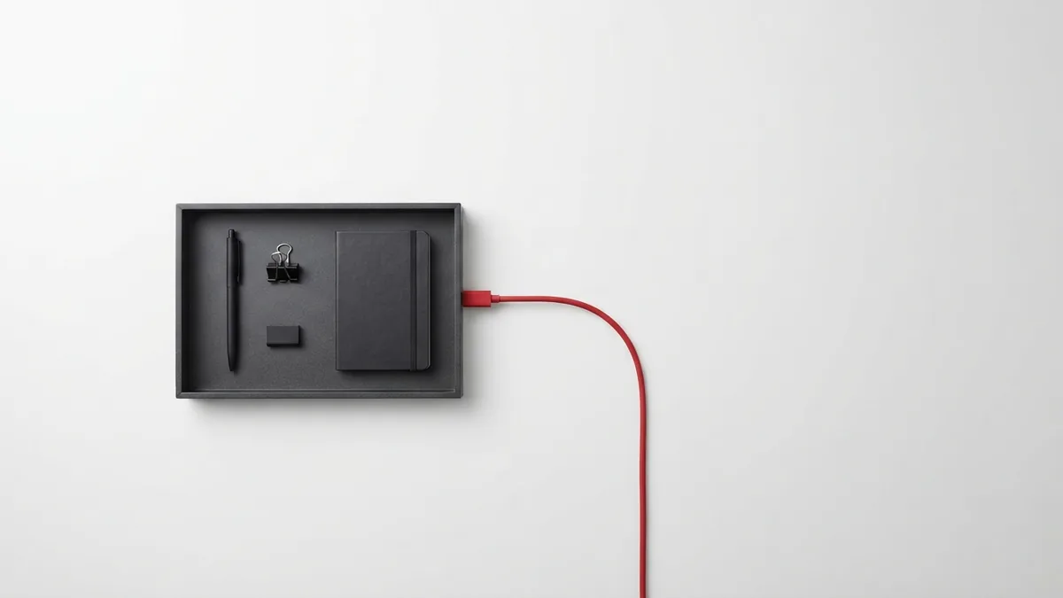 Organized white desk with graphite tools and crimson cable for WordPress setup planning