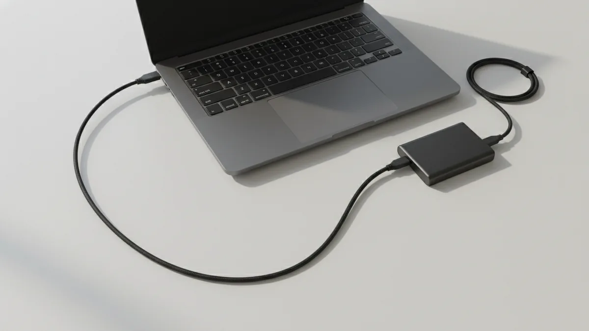 Laptop and backup drive on a desk for WordPress deletion planning