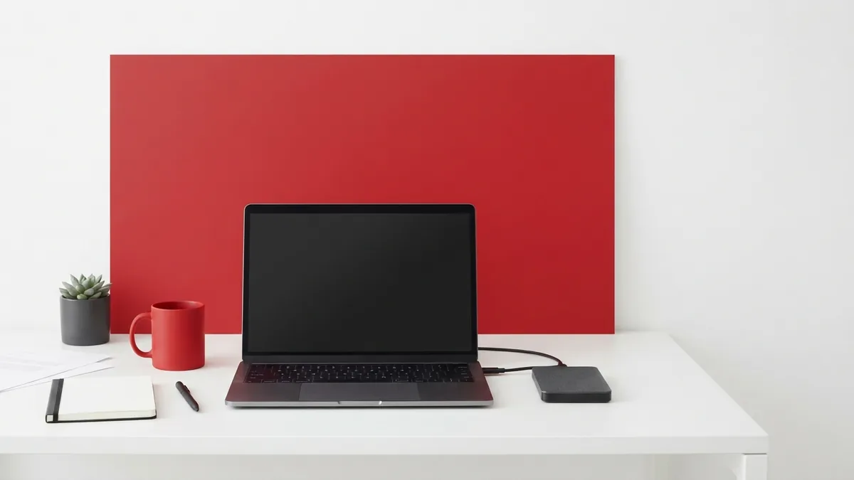 Restore WordPress with a backup plugin Laptop and storage drive used for a guided WordPress backup restore