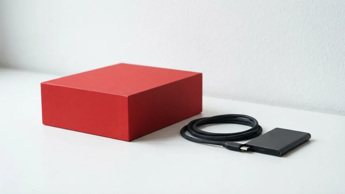 Red storage box and dark transfer drive symbolizing a move to new web hosting