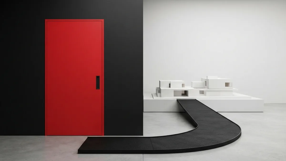 Red door panel and simple model representing a WordPress domain change