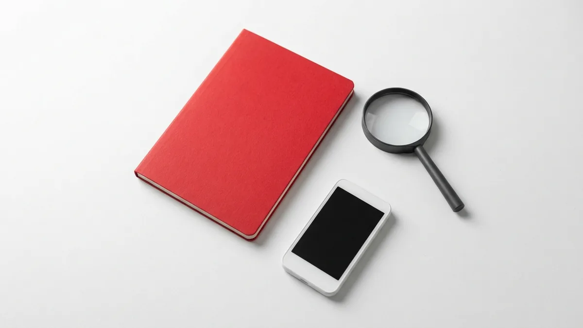 Red notebook and dark magnifying glass arranged for post-transfer site checks