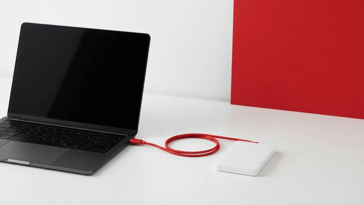 Tools for transferring a site file Graphite laptop with screen off beside a crimson cable and white storage drive