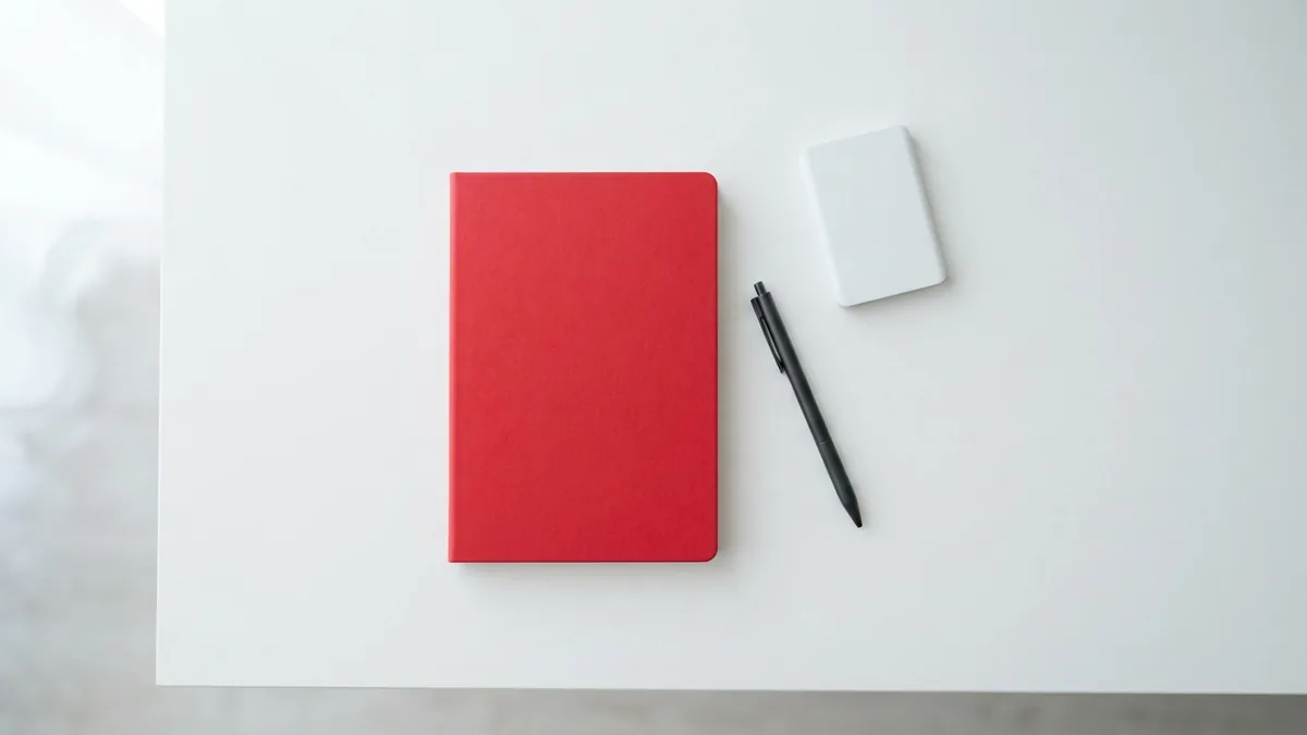 A simple setup for managing site files Crimson notebook and graphite pen beside a compact white storage device