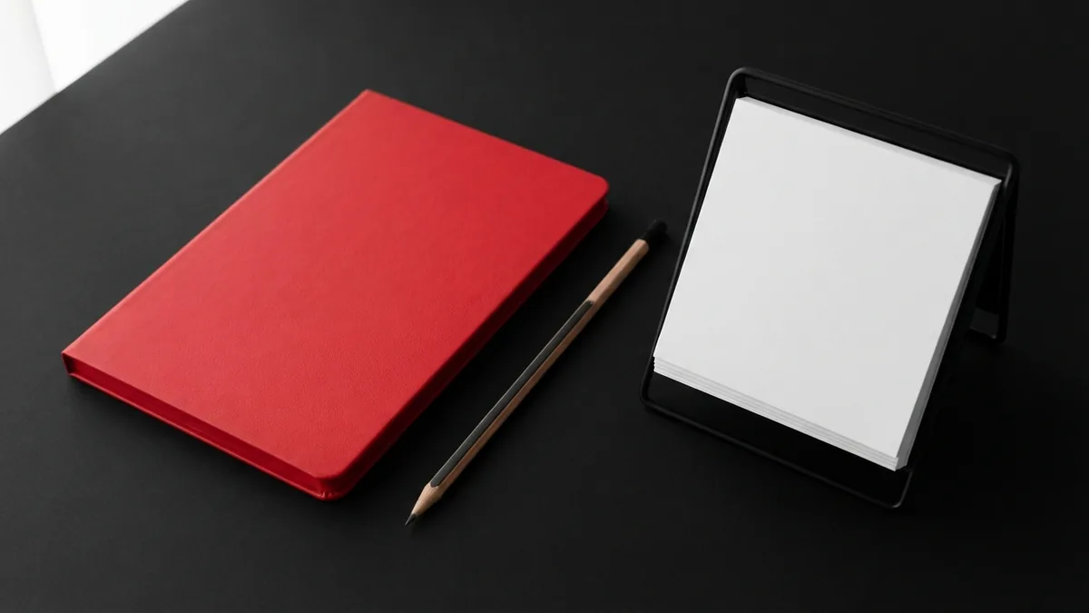 Plan a new blog site Red notebook and simple desk tools ready for planning a new personal blog