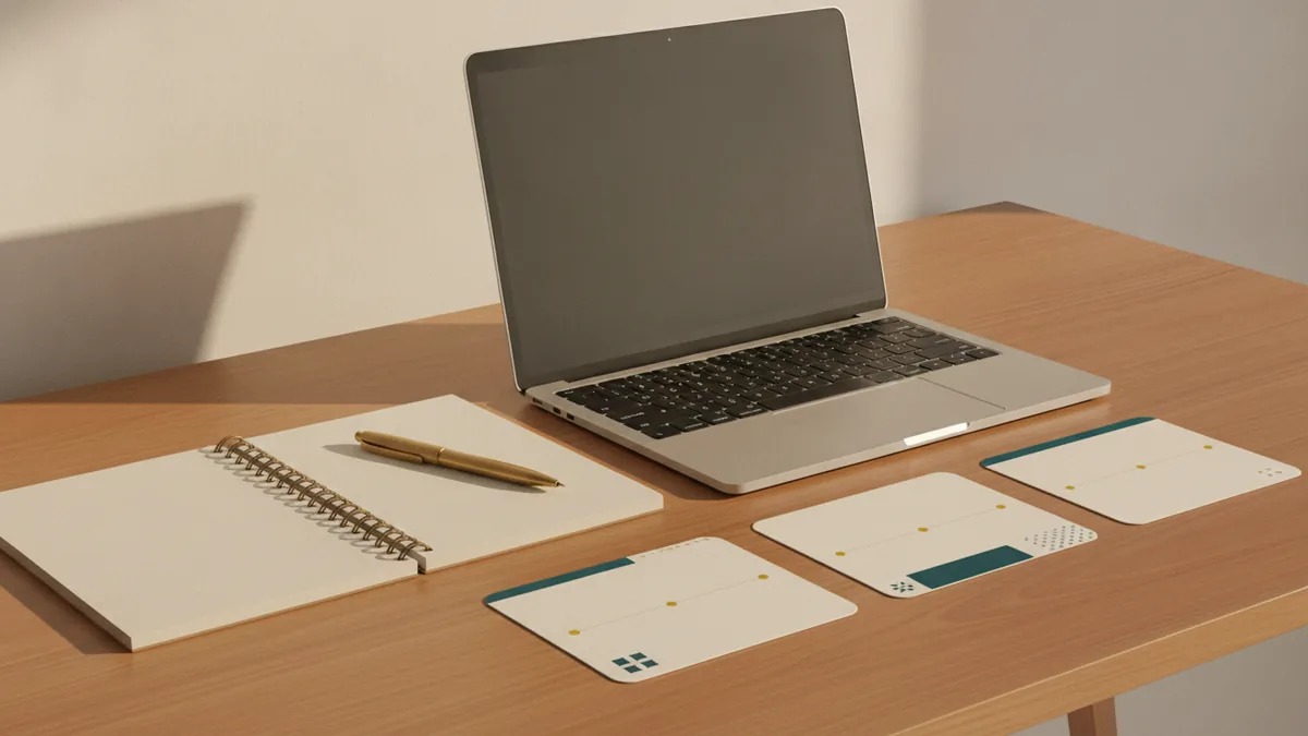 Laptop workspace with notes and layout cards for planning a blog post