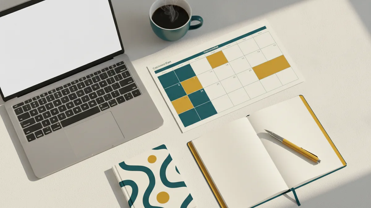 Laptop beside a content calendar and notebook for planning blog promotion