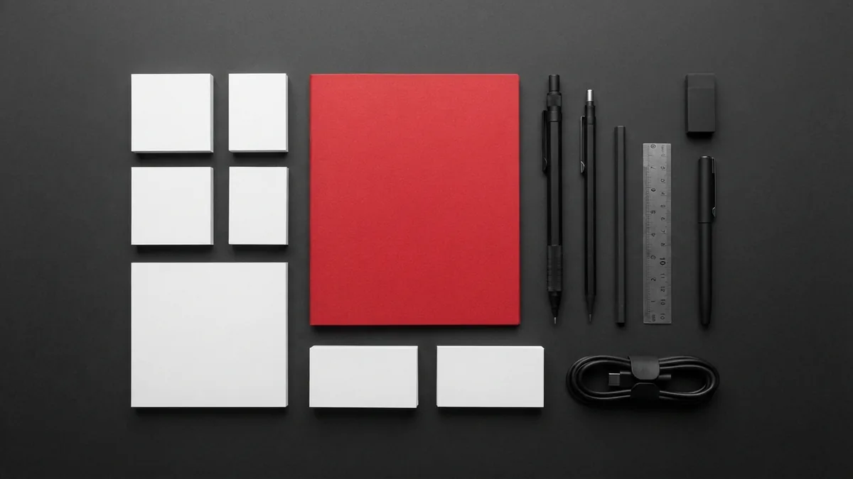 Web design feature planning Graphite design tools and crimson folder arranged in a clean modular workspace