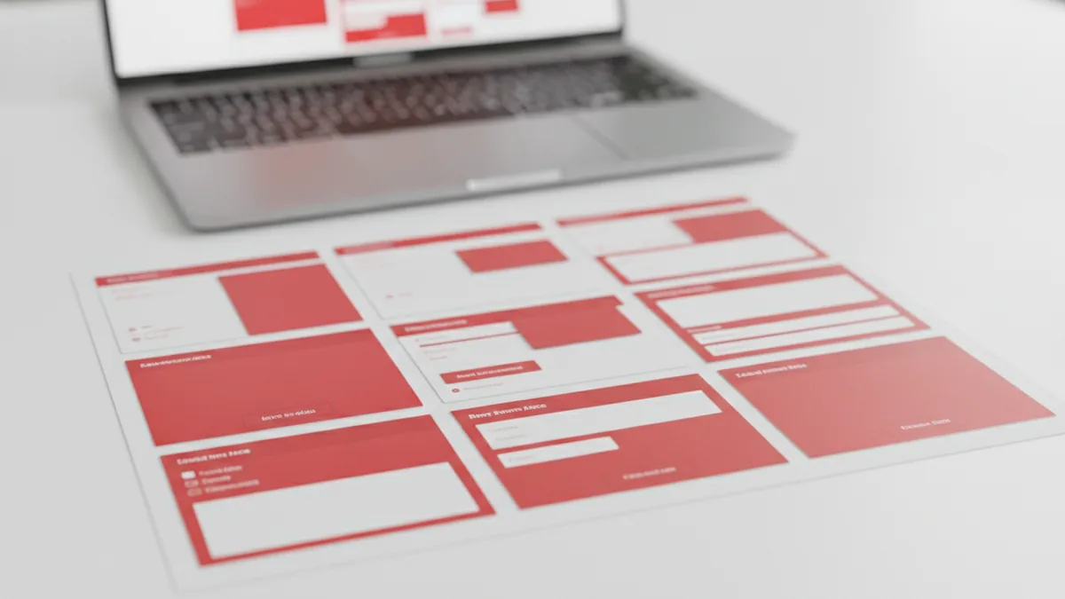 UI layout cards and notes showing how a page structure and visual style are planned.