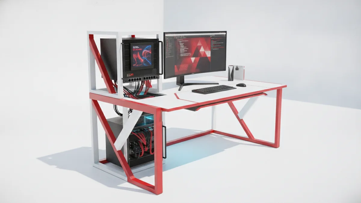 Server rack and developer setup representing front-end and back-end development work.