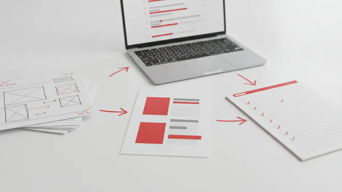 From wireframes to launch A visual workflow showing the steps from wireframes to mockups to testing.