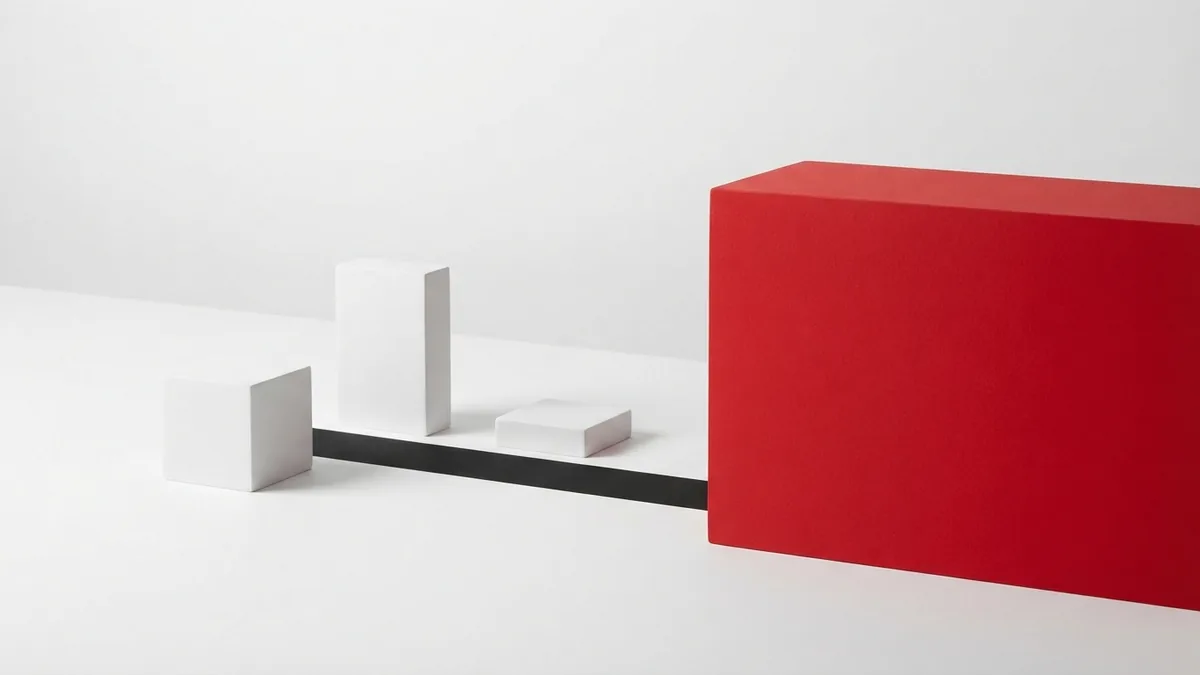 WordPress parts working together White and graphite blocks linked beside a vivid red block, symbolizing WordPress parts working together