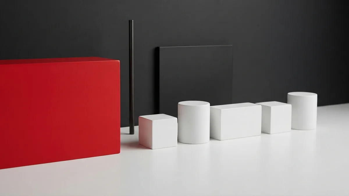 A sequence of white, graphite, and vivid red modular pieces suggesting theme functions