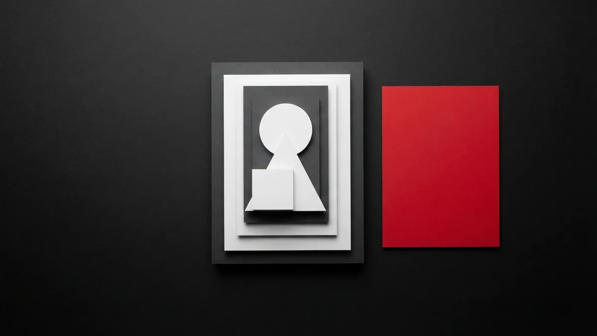 Crimson card beside neatly stacked white and graphite shapes for checking a site version