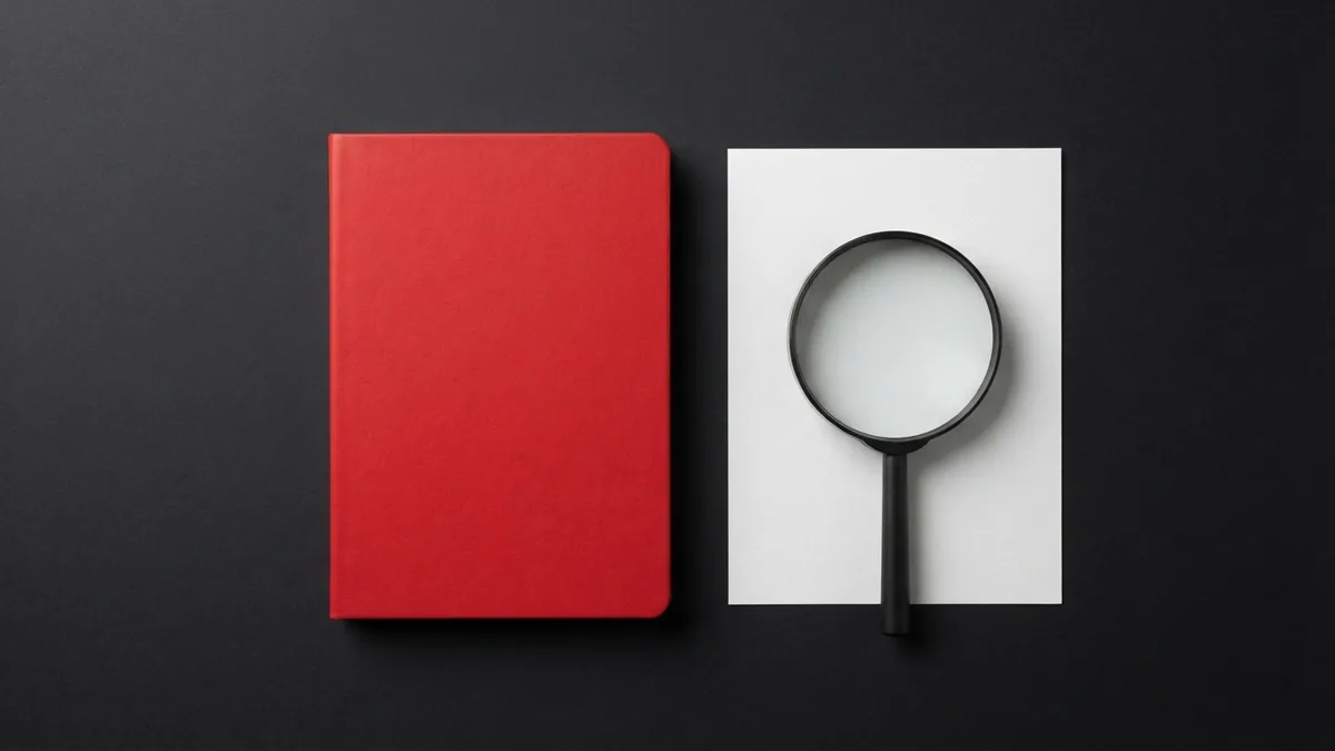Graphite magnifying glass and crimson notebook on a clean white surface