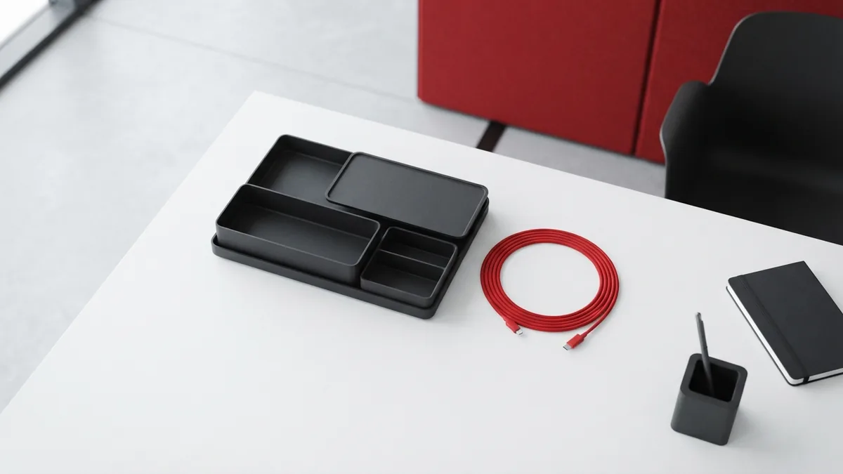 Organized white workspace with crimson cable for WordPress update planning