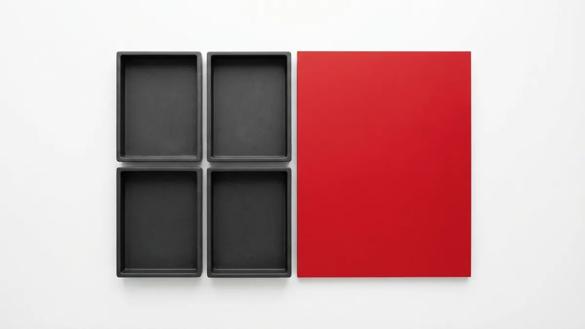 Organized graphite trays beside a crimson panel symbolizing database tables