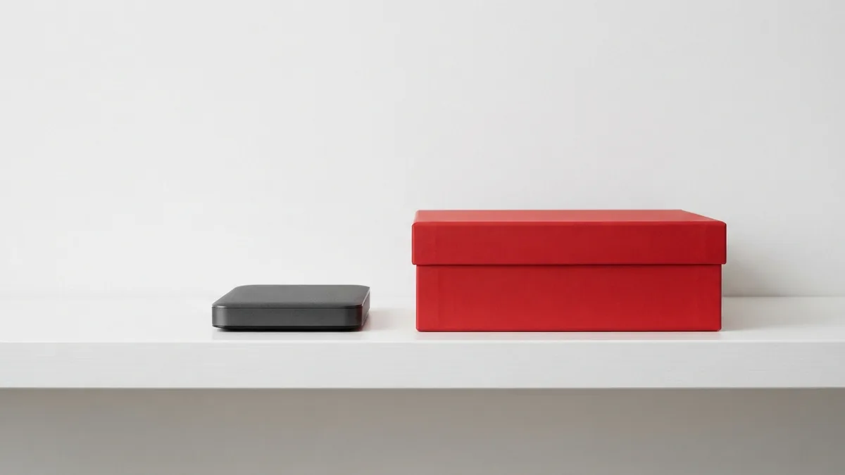 Graphite backup drive and crimson archive box on a clean white shelf