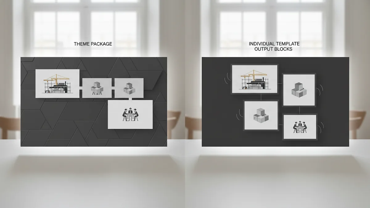 Theme vs template concept Abstract panels showing site styling versus page template output with clear separation.
