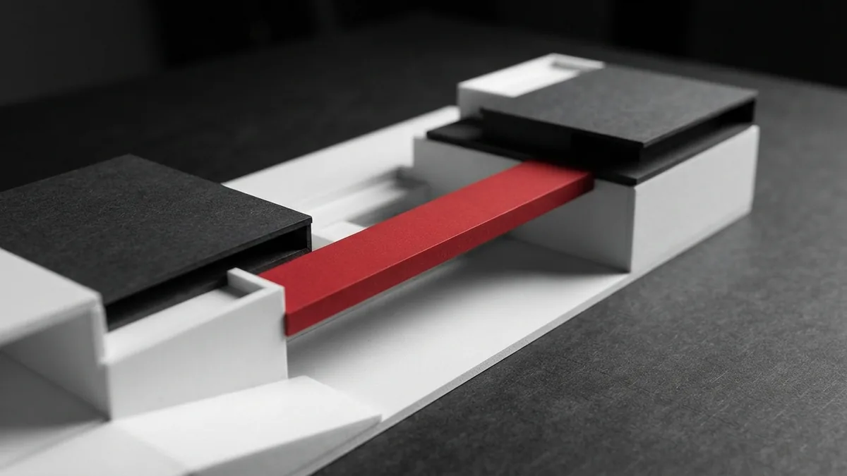 Direct path between linked sections Crimson pathway linking graphite platforms in a clean white architectural scene