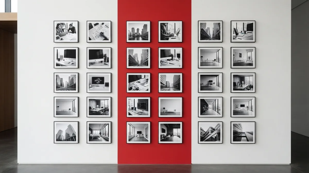 Clean image grid layout Geometric grid of monochrome prints against a white wall and crimson panel