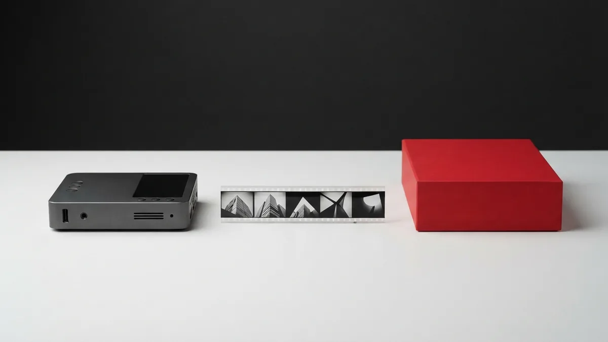 Graphite video device and monochrome film frames beside a bold crimson box
