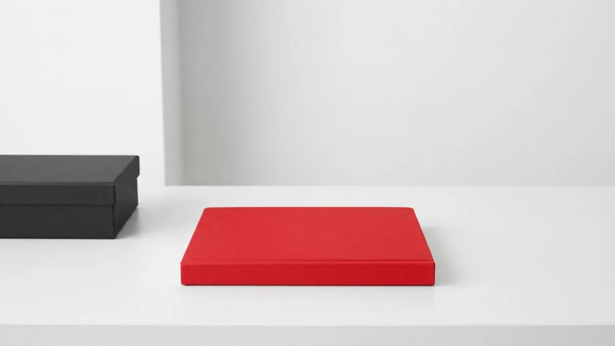 A simple white desk with a vivid red notebook and graphite storage box for managed website upkeep