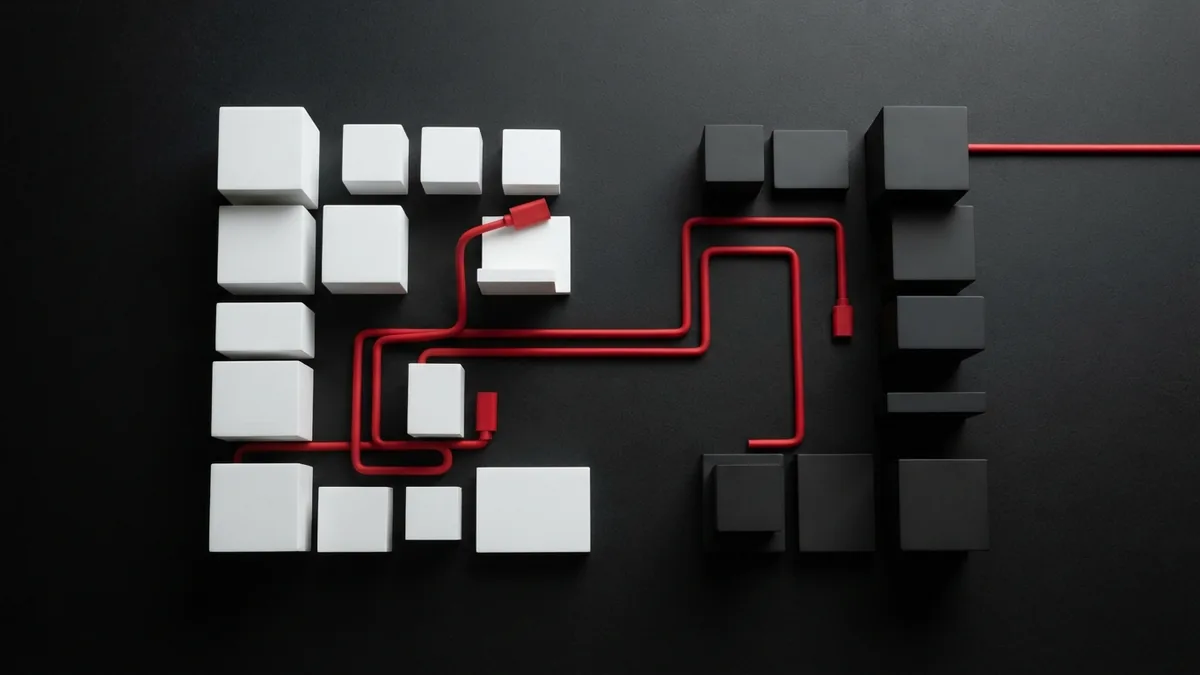 More control over a website setup Geometric blocks and a vivid red cable suggesting control over a self-hosted website